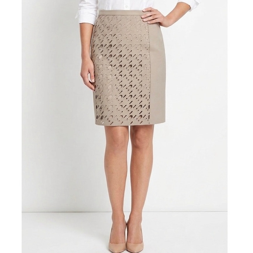 Carlisle Taupe Tan Geometric Laser Cutout Overlay Pencil Skirt Career Size 4